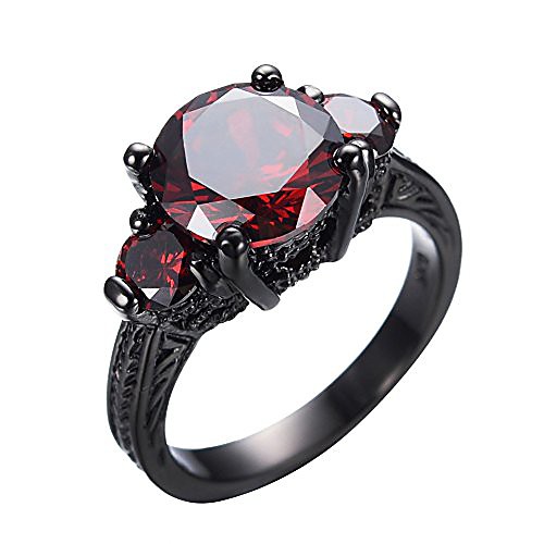 

black gold round cut three-stone ruby diamond ring cubic zirconia size6/7/8/9/10(6)
