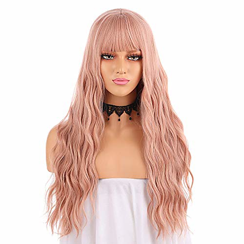 

orange pink wigs, long rose gold curly wavy wig with bangs colored cosplay custom party pastel lolita synthetic wigs for women