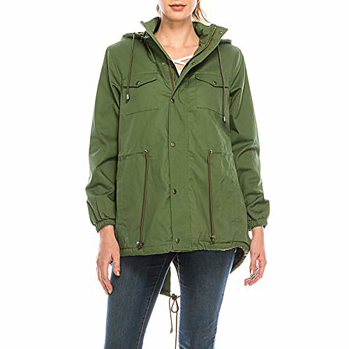 

hunter green faux-fur lined anorak jacket w/removable hood zipper and button up (small)