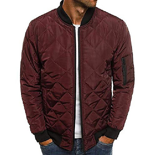

mens bomber jacket quilted diamond casual loose fit light full zip fall winter coat outwear wine red