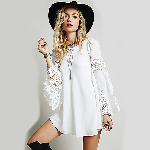 

Women's A Line Dress Short Mini Dress White Black Long Sleeve Solid Color Lace Patchwork Summer Round Neck Casual 2021 S M L XL XXL