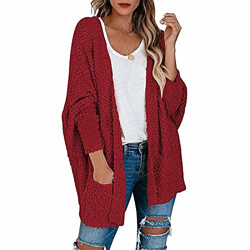 

women bat sleeve oversized furry cardigan with pockets solid color soft knitcoat loose fitting sweater coat outwear red
