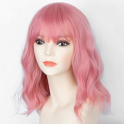 

pink wig with bangs shoulder length short wavy bob wig for women heat resistant pink synthetic wigs glueless for cosplay