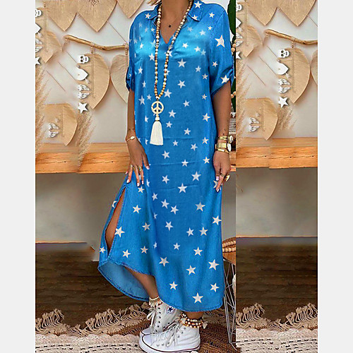 

Women's Shift Dress Maxi long Dress White Black Blue Red Short Sleeve Print Patchwork Print Summer Shirt Collar Hot Casual 2021 S M L XL XXL 3XL 4XL 5XL
