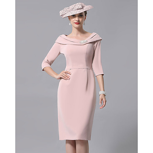 

Sheath / Column Mother of the Bride Dress Plus Size Elegant Vintage Scoop Neck Knee Length Jersey 3/4 Length Sleeve with Beading Crystal Brooch 2021