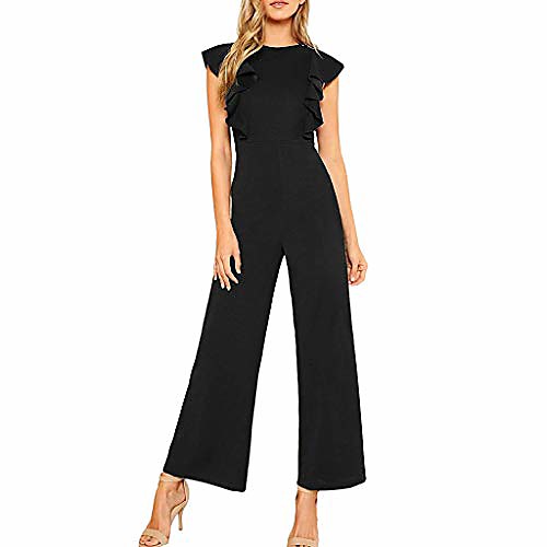 

women sleeveless jumpsuits - ruffle trim wide leg high waist long pants rompers party playsuit (xl, black)