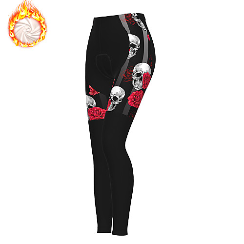 

21Grams Women's Cycling Tights Cycling Pants Winter Fleece Bike Tights Padded Shorts / Chamois Pants Fleece Lining Breathable Warm Sports Skull Floral Botanical Black Mountain Bike MTB Road Bike