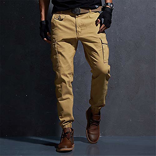 

mens slim fit trousers stretch skinny pants tactical military cargo pants multi pocket cotton ankle length jogger khaki 31