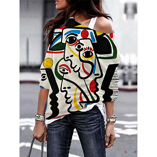 

Women's T-shirt Abstract Graphic Prints Long Sleeve Print Round Neck Tops Basic Basic Top White