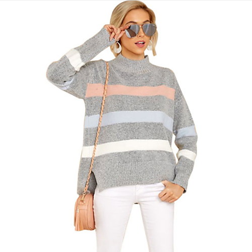 

Women's Basic Knitted Striped Pullover Long Sleeve Sweater Cardigans Crew Neck Fall Winter Gray