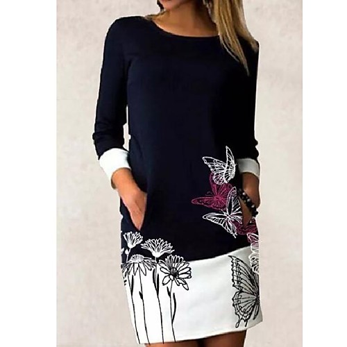 

Women's Sheath Dress Knee Length Dress Black Dusty Blue Long Sleeve Solid Color Patchwork Print Spring Summer Round Neck Elegant Vintage 2021 S M L XL XXL 3XL