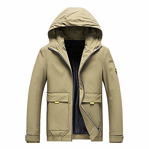 

men's lightweight hooded front-zip pocket windbreaker watertight rain jacket autumn coat(khaki,xxl)