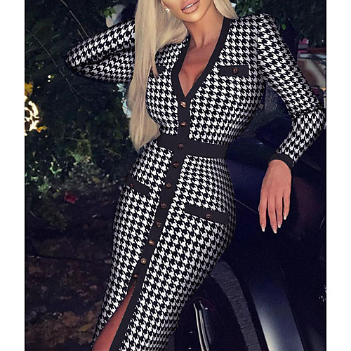 

Women's Sheath Dress Knee Length Dress Black Long Sleeve Houndstooth Tie Dye Patchwork Print Fall Spring V Neck Vintage Sexy 2021 S M L XL