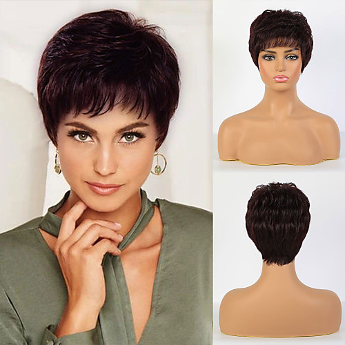 

Human Hair Blend Wig Short Straight Natural Straight Bob Pixie Cut Layered Haircut Asymmetrical Black Auburn Cosplay Women Curler & straightener Capless Women's All Natural Black #1B Dark Brown