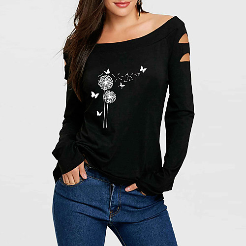 

Women's T-shirt Graphic Prints Dandelion Long Sleeve Print Off Shoulder Tops Basic Basic Top Black