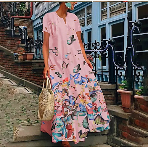 

Women's Swing Dress Maxi long Dress White Black Yellow Blushing Pink Light Blue Short Sleeve Print Animal Patchwork Print Fall Summer V Neck Mumu Boho 2021 S M L XL XXL 3XL 4XL 5XL