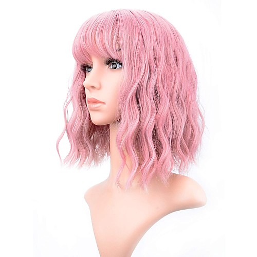 

Pastel Wavy Wig With Air Bangs Women's Short Bob Pink Wig Curly Wavy Shoulder Length Pastel Bob Synthetic Cosplay Wig for Girl Colorful Costume Wigs(12 Pink)