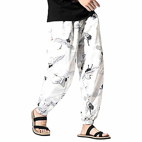 

men's printed harem pants vintage hip hop baggy wide leg casual pants streetwear white