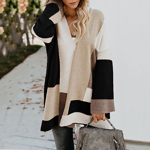 

Women's Stylish Knitted Front Pocket Color Block Cardigan Cotton Long Sleeve Sweater Cardigans Open Front Fall Winter Black Blushing Pink Wine