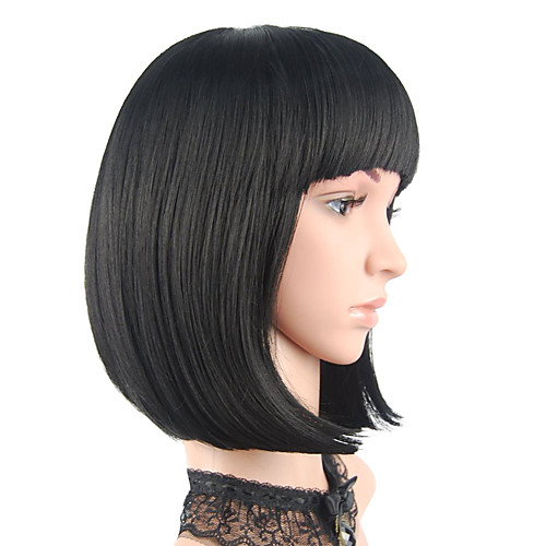 

Short Bob Hair Wigs 12inch Straight with Flat Bangs Synthetic Colorful Cosplay Daily Party Wig for Women