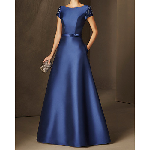 

A-Line Beautiful Back Elegant Wedding Guest Formal Evening Dress Boat Neck Short Sleeve Floor Length Satin with Sleek 2021