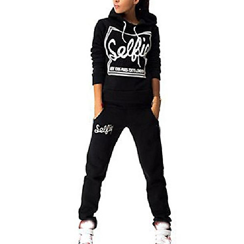 

women's 2pcs casual sport suit letter print tracksuit hoodie pullover tops pants black us 6