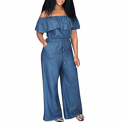 

off shoulder jumpsuit fashion denim jeans long jumpsuits playsuit party club bodysuit blouse women tops (xxl, light blue)