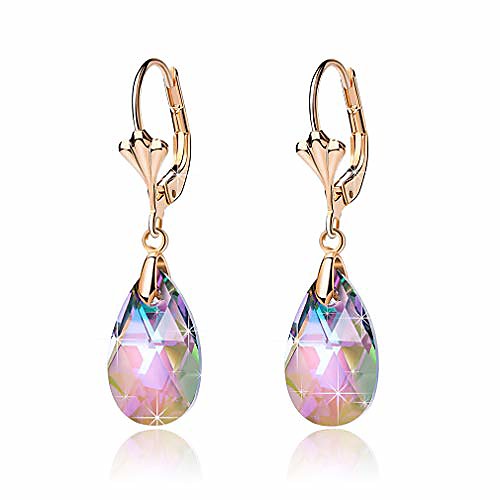 

swarovski crystal teardrop leverback dangle earrings for women fashion 14k gold plated hypoallergenic jewelry (rainbow)