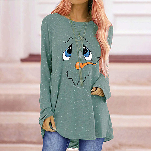 

Women's Christmas Blouse Shirt Cartoon Long Sleeve Patchwork Print Round Neck Tops Christmas Basic Top White Gray Light Blue