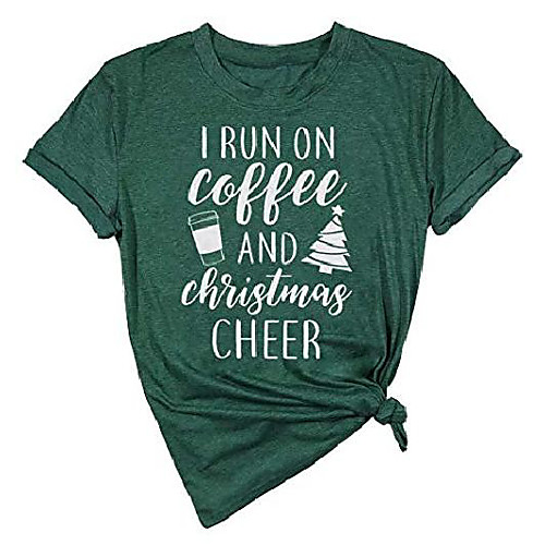 

i run on coffee and christmas cheer t shirt womens funny christmas tree letter print short sleeve tops tees size s (green)