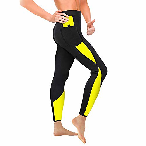 

women sauna weight loss slimming neoprene pants with side pocket hot thermo fat burning sweat leggings (black-yellow, 2xl) (renewed)