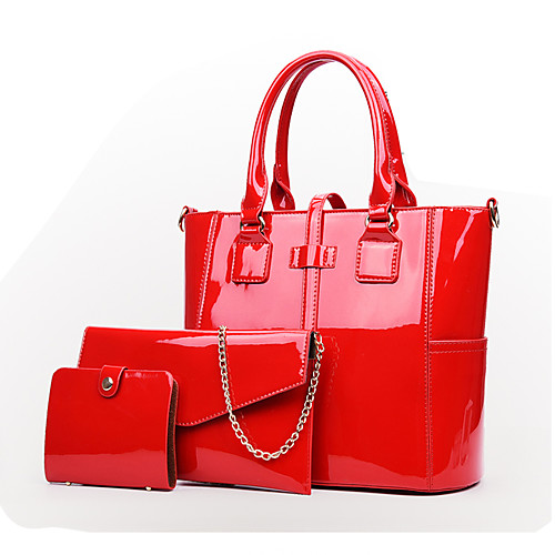 

Women's Bags PU Leather Patent Leather Bag Set 3 Pcs Purse Set Zipper Chain Daily Outdoor Bag Sets 2021 Handbags Black Blue Purple Red