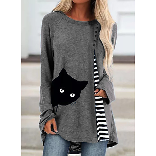 

Women's T-shirt Color Block Animal Long Sleeve Patchwork Print Round Neck Tops Cotton Basic Basic Top Blue Wine Dusty Blue