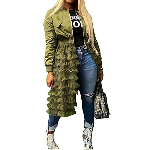 

womens sheer mesh ruffled patchwork long jackets dress chiffon hem casual outerwear zipper up coat armygreen