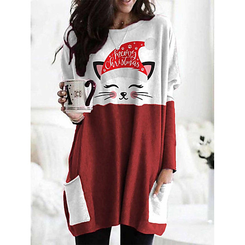 

Women's Shift Dress Short Mini Dress Red Gray Long Sleeve Print Patchwork Print Fall Spring Round Neck Casual Christmas 2021 S M L XL XXL 3XL 4XL 5XL