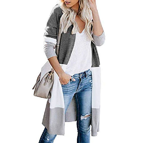 

womens soft boho open front colorblock cardigan long sleeve loose cute knit sweaters gray m