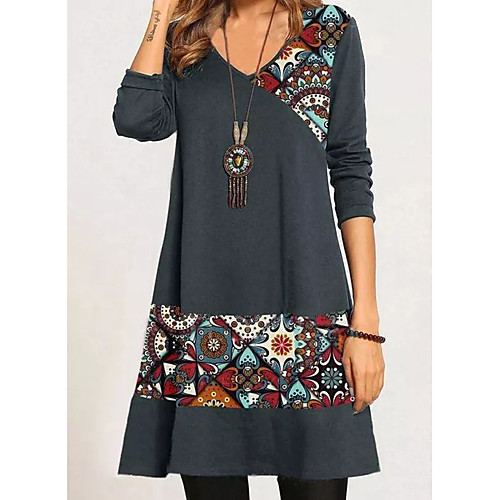 

Women's A Line Dress Short Mini Dress Gray Long Sleeve Print Patchwork Print Fall Winter V Neck Casual 2021 S M L XL XXL 3XL / Plus Size