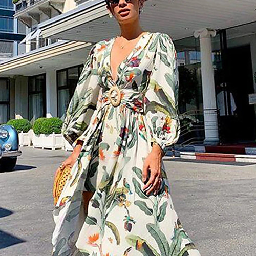 

Women's Swing Dress Maxi long Dress Light Green Long Sleeve Floral Zipper Patchwork Print Fall V Neck Sexy vacation dresses 2021 S M L XL XXL
