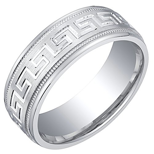 

mens sterling silver greek key wedding ring band in brushed matte milgrain 7mm comfort fit size 8.5