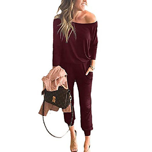 

women's jumpsuits - crewneck one off shoulder long sleeve elastic waist playsuits romper jumpsuit with pockets wine red l