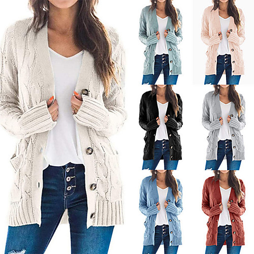 

Women's Solid Colored Cardigan Long Sleeve Sweater Cardigans V Neck Fall Winter White Black Blue