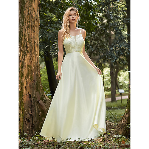 

A-Line Minimalist Sexy Party Wear Prom Dress Spaghetti Strap Sleeveless Floor Length Satin with Sequin 2021
