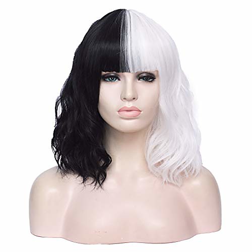 

14 short white and black curly wig for women girls heat resistant fiber wigs halloween cosplay daily partycap (white and black)