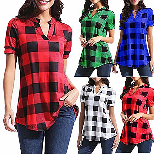 

women's plaid printed shirt casual v-neck long sleeve top plus size s-5xl