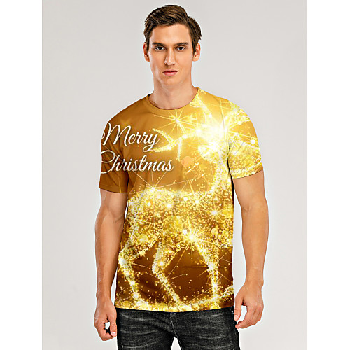 

Men's T shirt 3D Print Graphic 3D Letter Print Short Sleeve Christmas Tops Gold