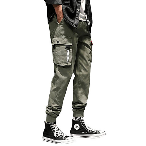 

Men's Sporty Casual Chinos Pants Patchwork Ankle-Length Black Army Green Gray