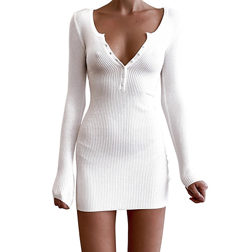 

Women's Sweater Jumper Dress Short Mini Dress White Black Long Sleeve Solid Color Patchwork Fall Winter V Neck Casual 2021 S M L XL