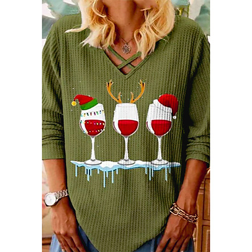 

Women's Christmas Blouse Shirt Graphic Prints Long Sleeve Print V Neck Tops Streetwear Christmas Basic Top Green
