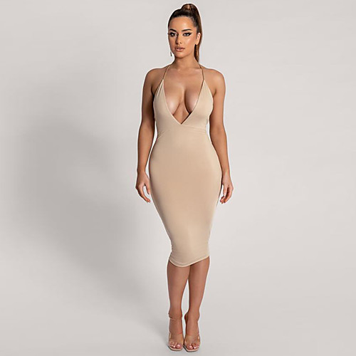 

Women's Sheath Dress Knee Length Dress White Black Khaki Sleeveless Solid Color Backless Patchwork Fall Halter Neck Sexy Party Club 2021 S M L XL