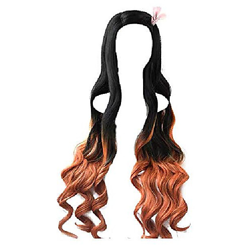 

women's kamado nezuko cosplay wig 37 inch long curly black orange gradient hair (black orange gradient)